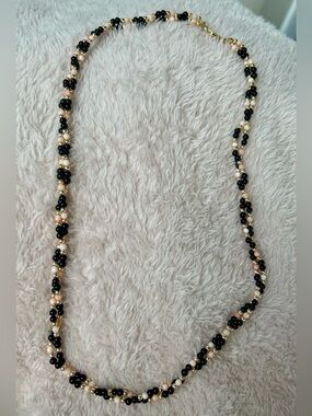 VTG 80s Genuine Black Onyx & Pink Angel Skin Coral Multi Strand Torsade Necklace